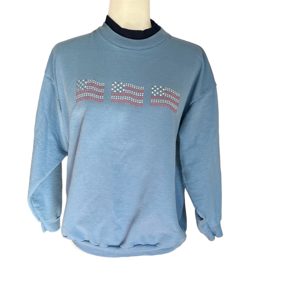 MCCC Sportswear Energy blue American flag rhinestone mock neck crewneck sz Large
